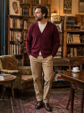The Scotch House Vintage  Made In Scotland 100% Pure Wool Cardigan Sweater L Red